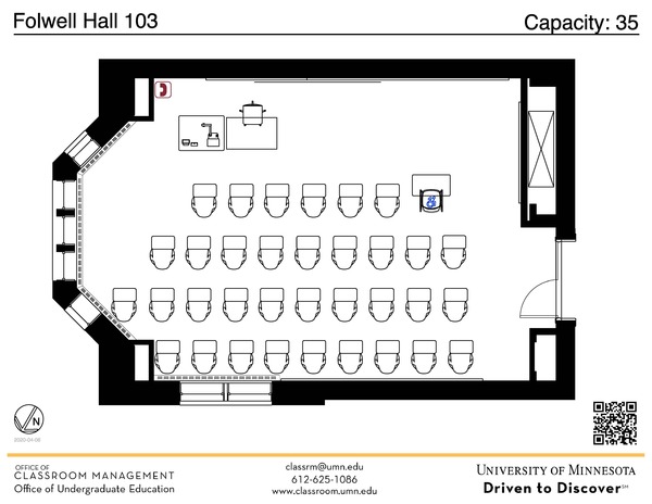 Plan view of the classroom that provides room capacity, seating locations and exits. A QR code links to room schedule and contact information is in the footer