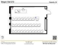 Plan view of the classroom that provides room capacity, seating locations and exits. A QR code links to room schedule and contact information is in the footer