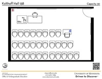 Plan view of the classroom that provides room capacity, seating locations and exits. A QR code links to room schedule and contact information is in the footer