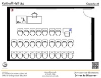 Plan view of the classroom that provides room capacity, seating locations and exits. A QR code links to room schedule and contact information is in the footer