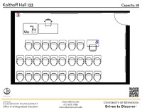 Plan view of the classroom that provides room capacity, seating locations and exits. A QR code links to room schedule and contact information is in the footer