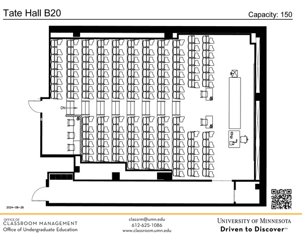 Plan view of the classroom that provides room capacity, seating locations and exits. A QR code links to room schedule and contact information is in the footer