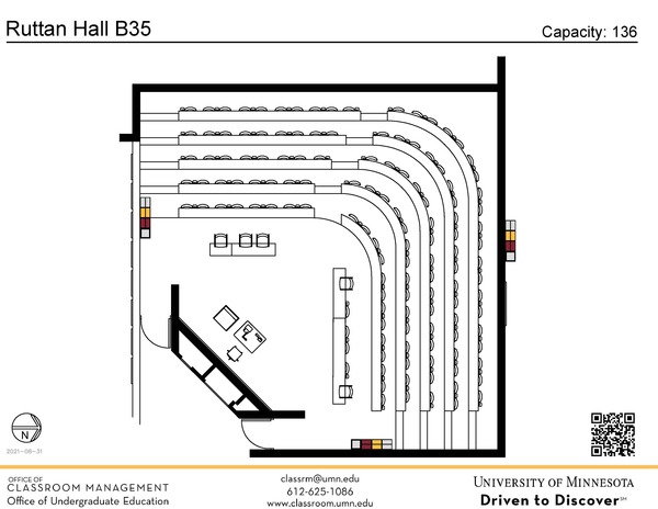 Plan view of the classroom that provides room capacity, seating locations and exits. A QR code links to room schedule and contact information is in the footer