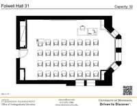 Plan view of the classroom that provides room capacity, seating locations and exits. A QR code links to room schedule and contact information is in the footer