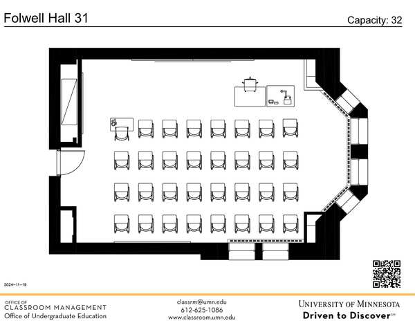 Plan view of the classroom that provides room capacity, seating locations and exits. A QR code links to room schedule and contact information is in the footer