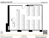 Plan view of the classroom that provides room capacity, seating locations and exits. A QR code links to room schedule and contact information is in the footer