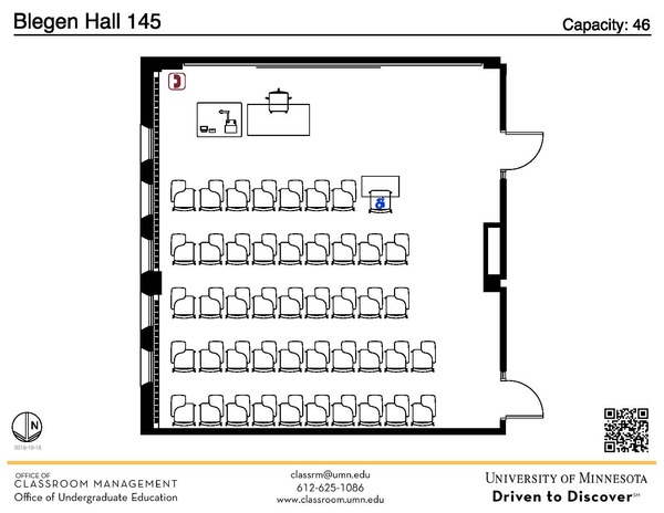 Plan view of the classroom that provides room capacity, seating locations and exits. A QR code links to room schedule and contact information is in the footer