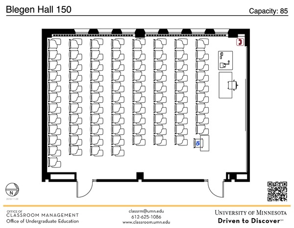 Plan view of the classroom that provides room capacity, seating locations and exits. A QR code links to room schedule and contact information is in the footer