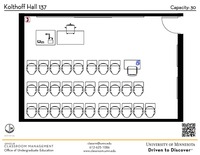 Plan view of the classroom that provides room capacity, seating locations and exits. A QR code links to room schedule and contact information is in the footer