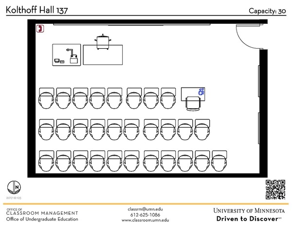 Plan view of the classroom that provides room capacity, seating locations and exits. A QR code links to room schedule and contact information is in the footer