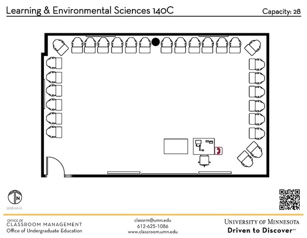 Plan view of the classroom that provides room capacity, seating locations and exits. A QR code links to room schedule and contact information is in the footer