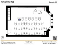 Plan view of the classroom that provides room capacity, seating locations and exits. A QR code links to room schedule and contact information is in the footer