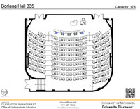 Plan view of the classroom that provides room capacity, seating locations and exits. A QR code links to room schedule and contact information is in the footer