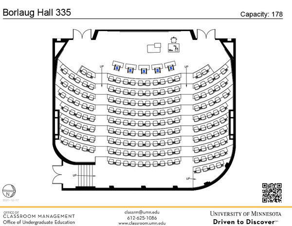 Plan view of the classroom that provides room capacity, seating locations and exits. A QR code links to room schedule and contact information is in the footer