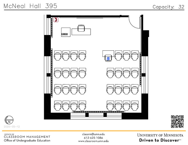 Plan view of the classroom that provides room capacity, seating locations and exits. A QR code links to room schedule and contact information is in the footer