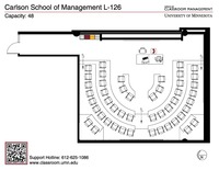 Plan view of the classroom that provides room capacity, seating locations and exits. A QR code links to room schedule and contact information is in the footer