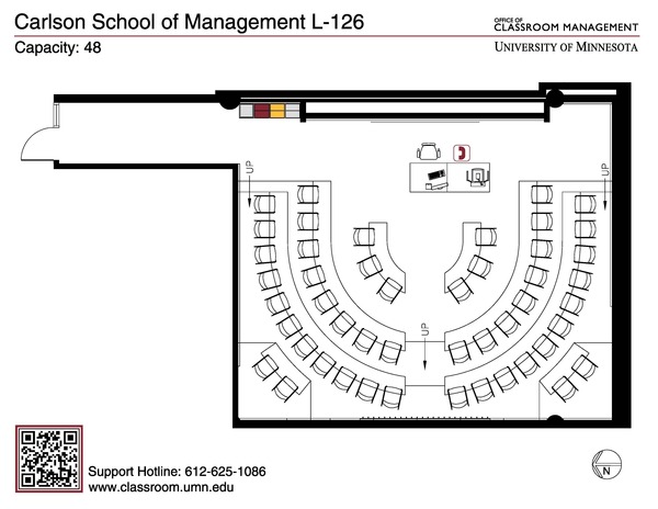 Plan view of the classroom that provides room capacity, seating locations and exits. A QR code links to room schedule and contact information is in the footer