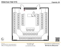 Plan view of the classroom that provides room capacity, seating locations and exits. A QR code links to room schedule and contact information is in the footer