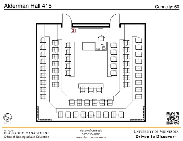 Plan view of the classroom that provides room capacity, seating locations and exits. A QR code links to room schedule and contact information is in the footer