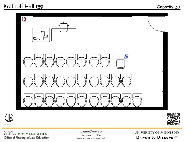 Plan view of the classroom that provides room capacity, seating locations and exits. A QR code links to room schedule and contact information is in the footer