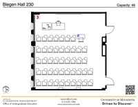 Plan view of the classroom that provides room capacity, seating locations and exits. A QR code links to room schedule and contact information is in the footer