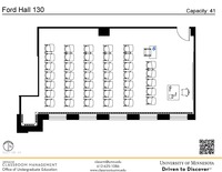 Plan view of the classroom that provides room capacity, seating locations and exits. A QR code links to room schedule and contact information is in the footer