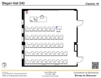 Plan view of the classroom that provides room capacity, seating locations and exits. A QR code links to room schedule and contact information is in the footer