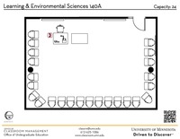 Plan view of the classroom that provides room capacity, seating locations and exits. A QR code links to room schedule and contact information is in the footer