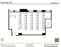 Plan view of the classroom that provides room capacity, seating locations and exits. A QR code links to room schedule and contact information is in the footer