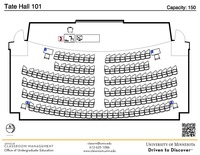 Plan view of the classroom that provides room capacity, seating locations and exits. A QR code links to room schedule and contact information is in the footer