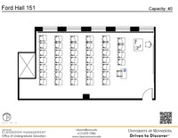 Plan view of the classroom that provides room capacity, seating locations and exits. A QR code links to room schedule and contact information is in the footer