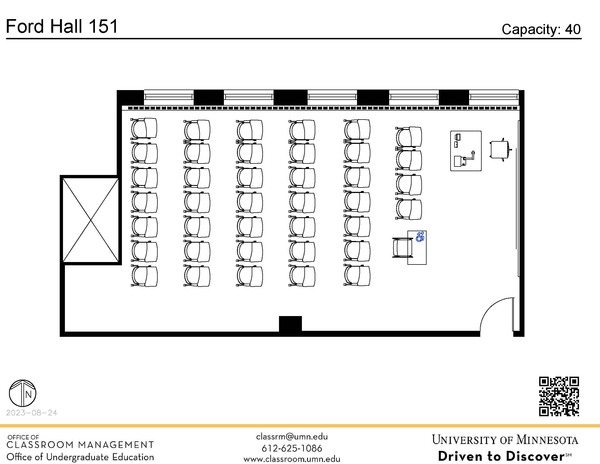 Plan view of the classroom that provides room capacity, seating locations and exits. A QR code links to room schedule and contact information is in the footer