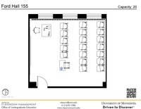 Plan view of the classroom that provides room capacity, seating locations and exits. A QR code links to room schedule and contact information is in the footer